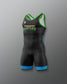 Black Wrestling singlet with green and blue accents on a gray background