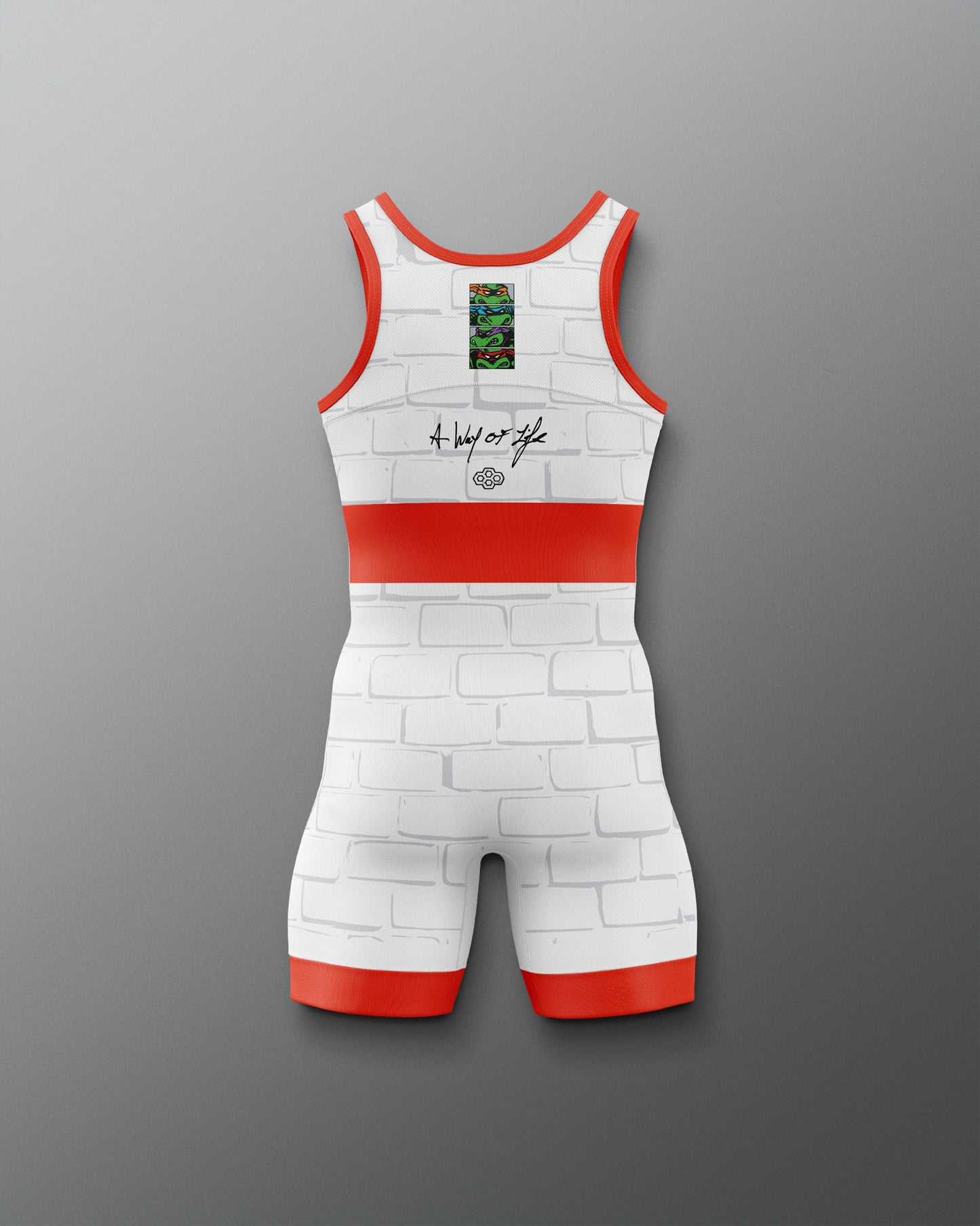 Wrestling singlet with brick pattern on a gray background