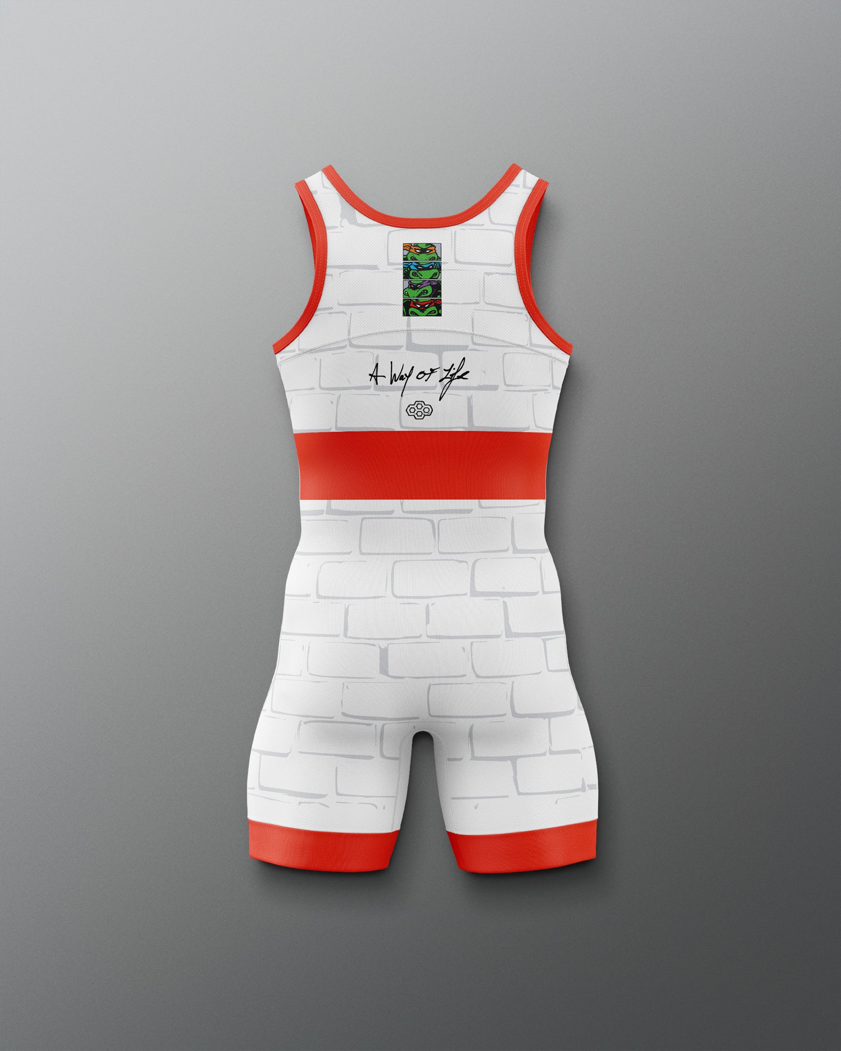 Wrestling singlet with brick pattern on a gray background
