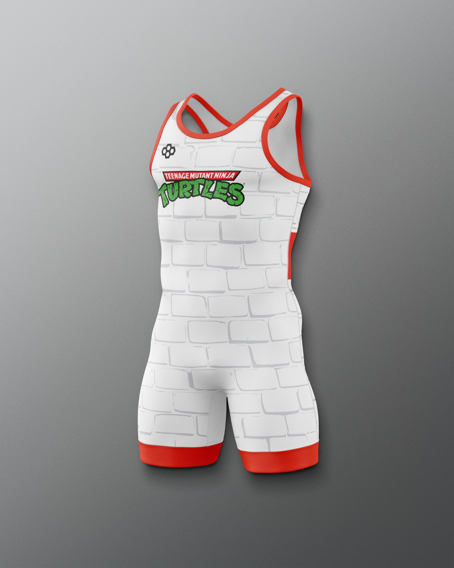 Wrestling singlet with 'Teenage Mutant Ninja Turtles' design on a gray background