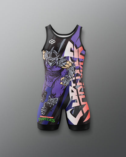 Colorful wrestling singlet with Teenage Mutant Ninja Turtle Shredder graphic design on a gray background
