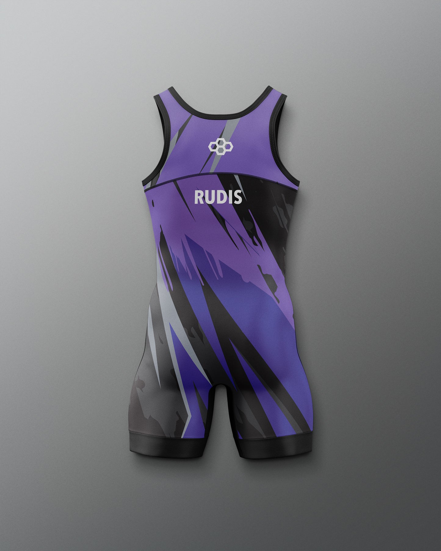Purple and black wrestling singlet with 'RUDIS' branding on a gray background