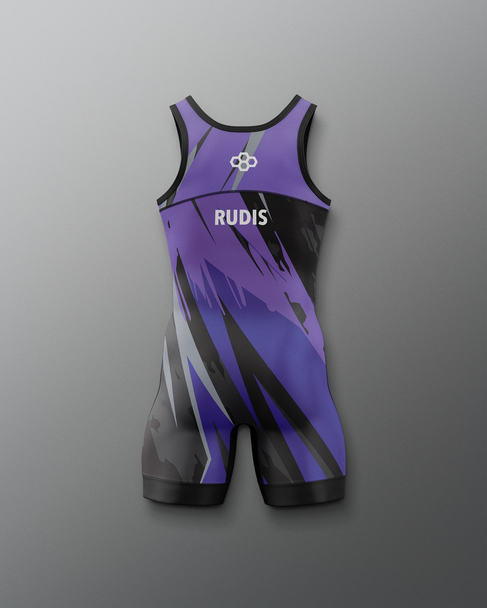 Purple and black wrestling singlet with 'RUDIS' branding on a gray background