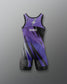 Purple and black wrestling singlet with 'RUDIS' branding on a gray background