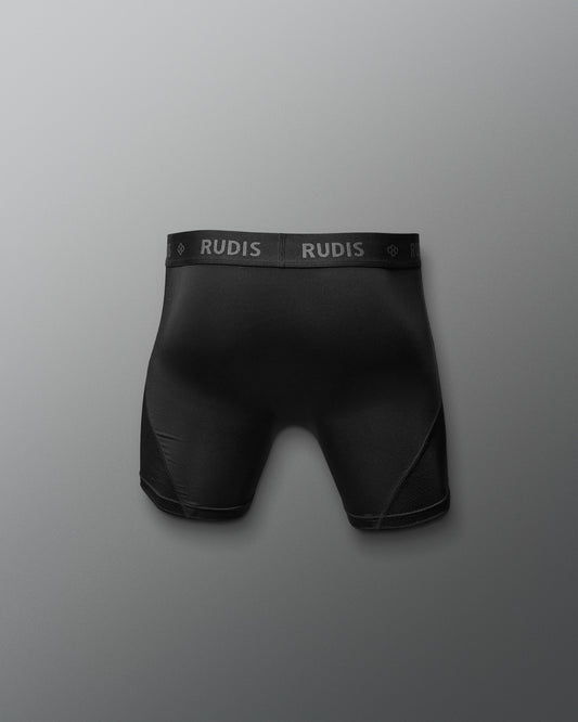 Black boxer briefs with 'RUDIS' branding on a gray background