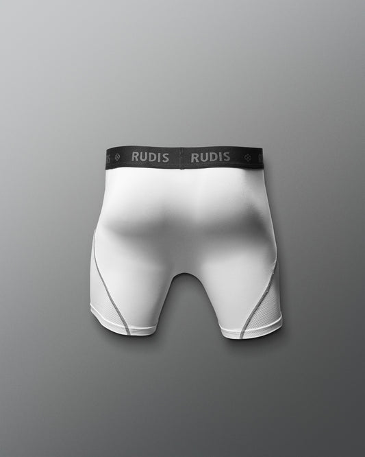White boxer briefs with black waistband featuring 'RUDIS' brand on a gray background