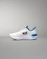 White running shoe with blue accents on a gray background