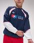Person wearing a navy blue USA Wrestling sweatshirt with red and white accents on a plain background