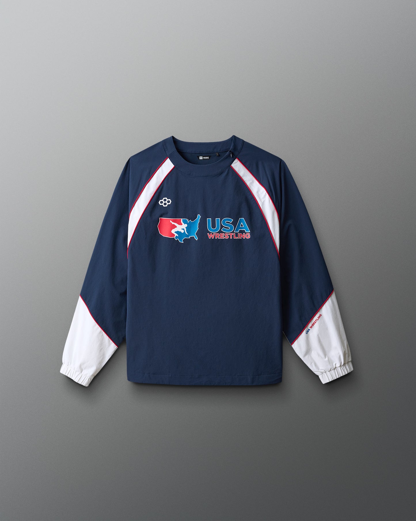 Navy long-sleeve shirt with USA Wrestling logo on a gray background