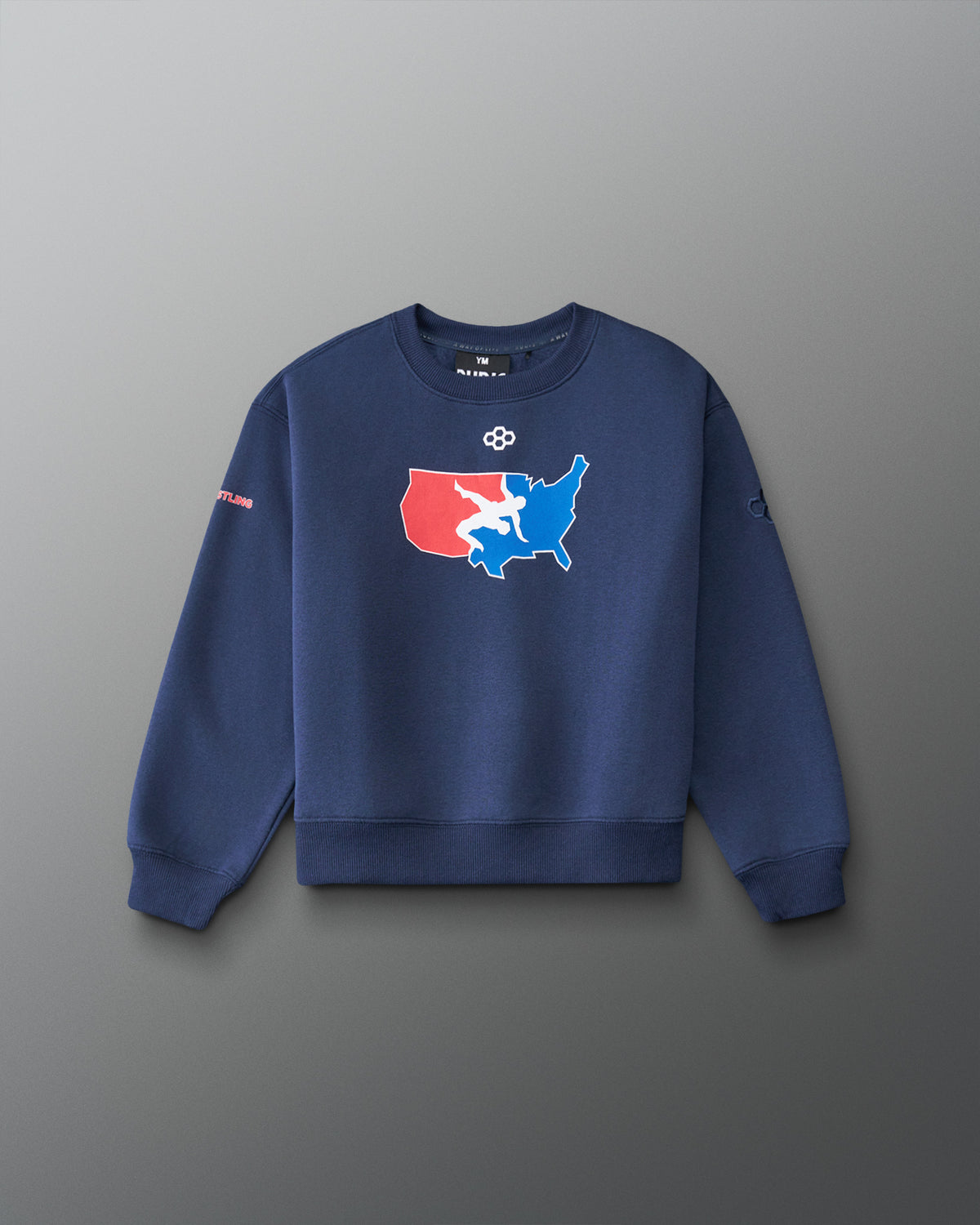 RUDIS USA Wrestling Map Youth Relaxed Comfort Fleece Crewneck in navy with red, white and blue USA Wrestling map graphic.