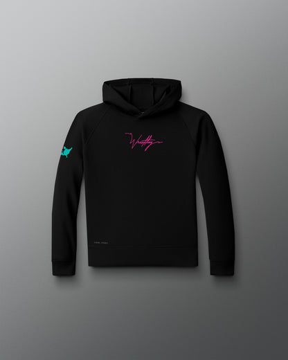 A youth crop hoodie in black color with a pink 'USAW' script logo on the front and a small logo on the left sleeve, displayed against a red to blue gradient background.
