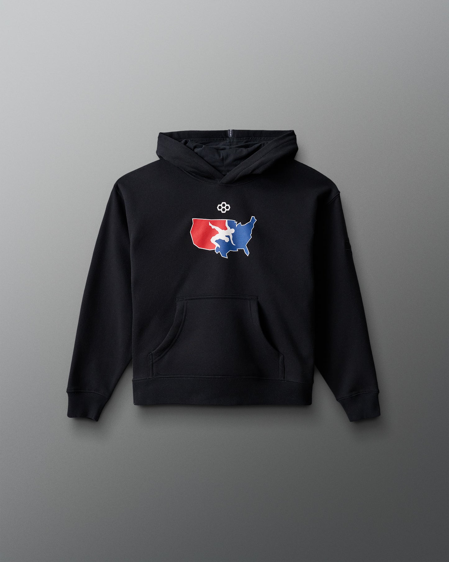 Black hoodie with a colorful USA Wrestling logo on a gray background