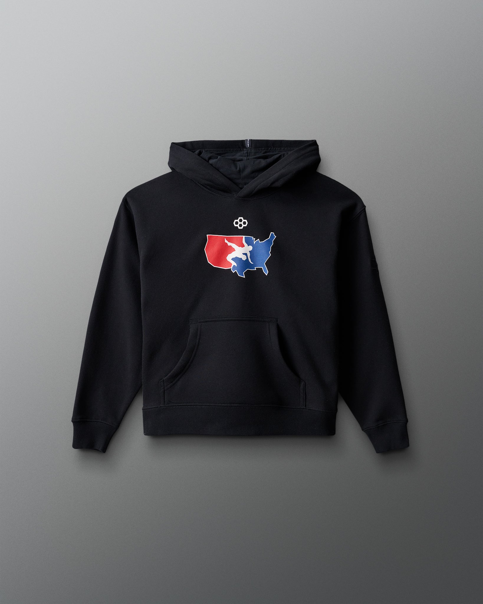 Black hoodie with a colorful USA Wrestling logo on a gray background