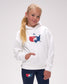 Child wearing a white hoodie with a colorful logo on a plain background