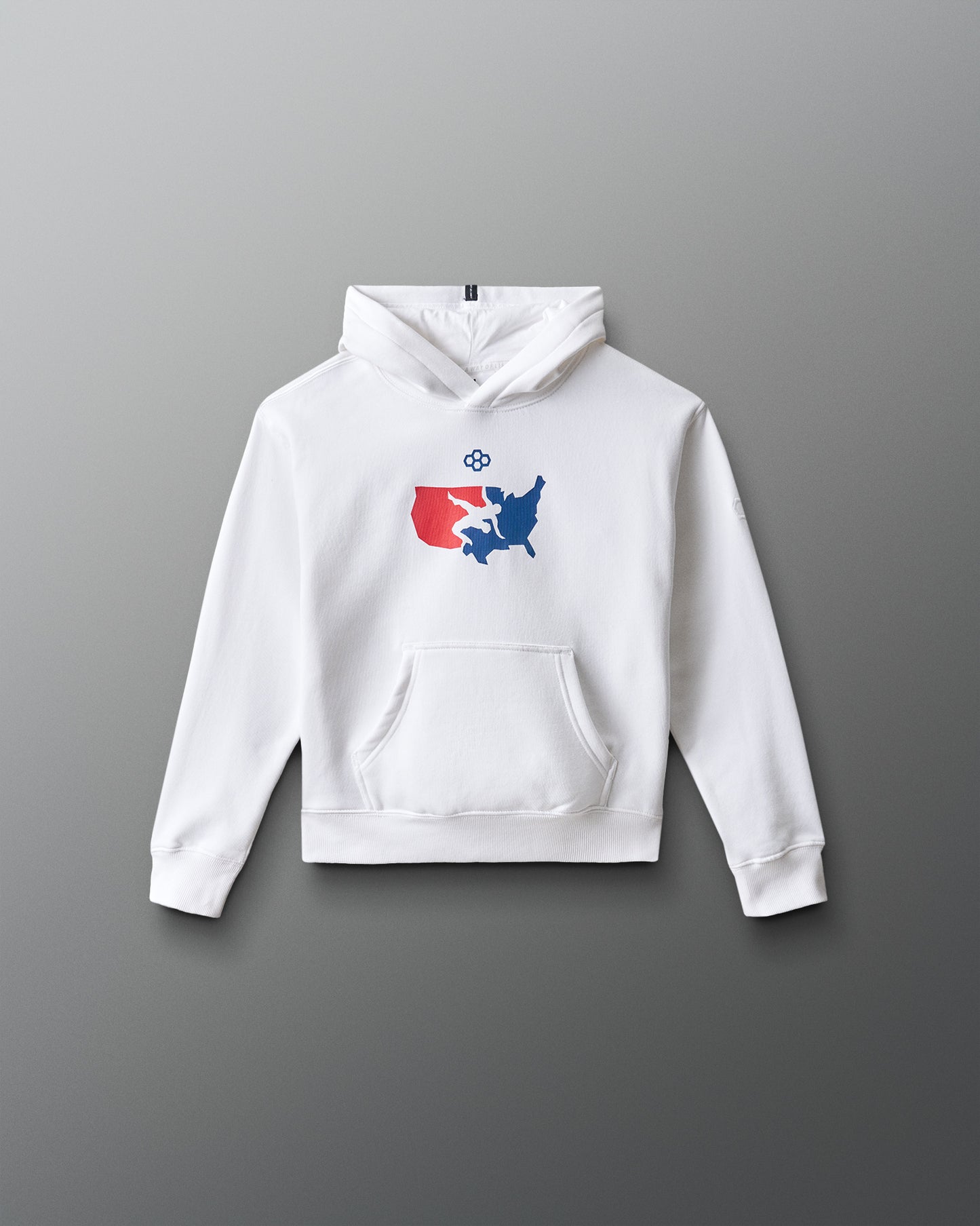 White hoodie with a colorful USA Wrestling logo on a gray background