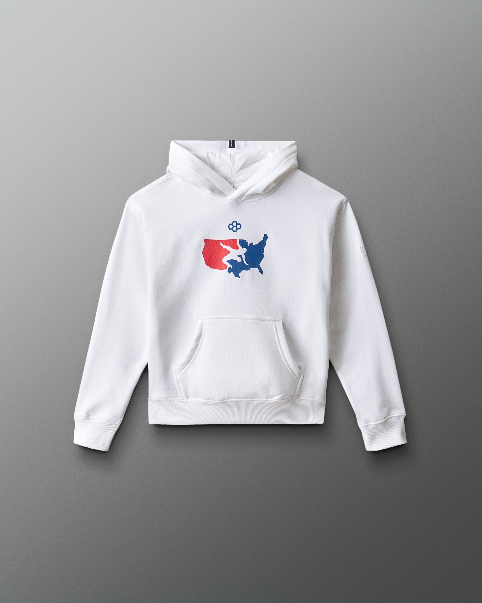 White hoodie with a colorful USA Wrestling logo on a gray background