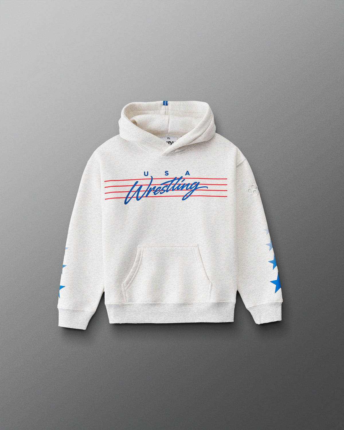 RUDIS USA Wrestling Star Youth Relaxed Comfort Fleece Hoodie in Heather Silver, front view with red and blue USA Wrestling graphic, sleeve stars, and kangaroo pocket. Copy Alt Text