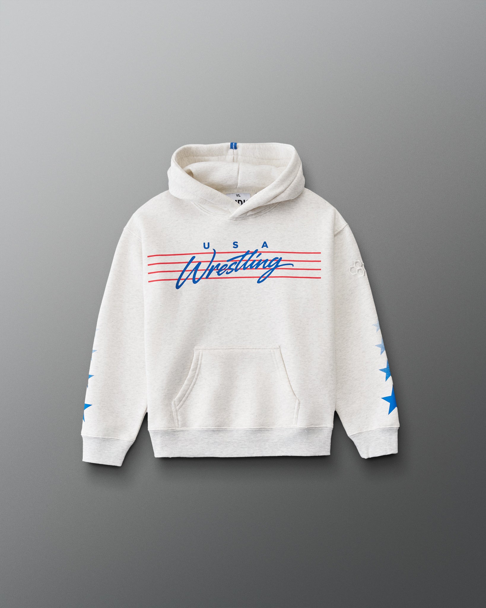 RUDIS USA Wrestling Star Youth Relaxed Comfort Fleece Hoodie in Heather Silver, front view with red and blue USA Wrestling graphic, sleeve stars, and kangaroo pocket. Copy Alt Text
