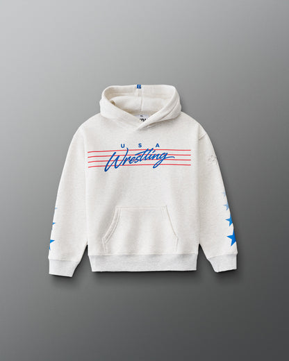 RUDIS USA Wrestling Star Youth Relaxed Comfort Fleece Hoodie in Heather Silver, front view with red and blue USA Wrestling graphic, sleeve stars, and kangaroo pocket. Copy Alt Text
