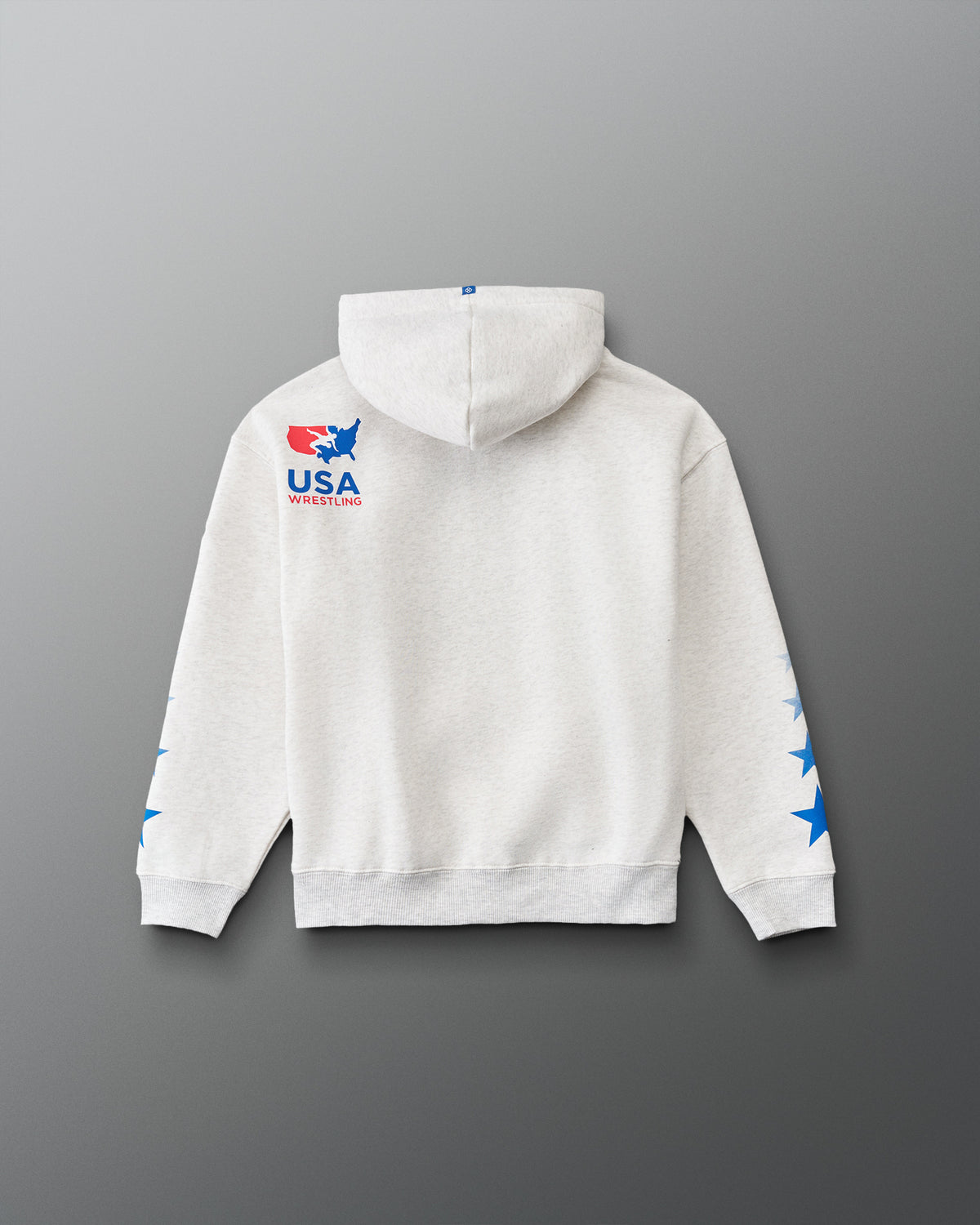 RUDIS USA Wrestling Star Youth Relaxed Comfort Fleece Hoodie in Heather Silver, back view featuring USA Wrestling logo, blue sleeve stars, and ribbed hem. Copy Alt Text
