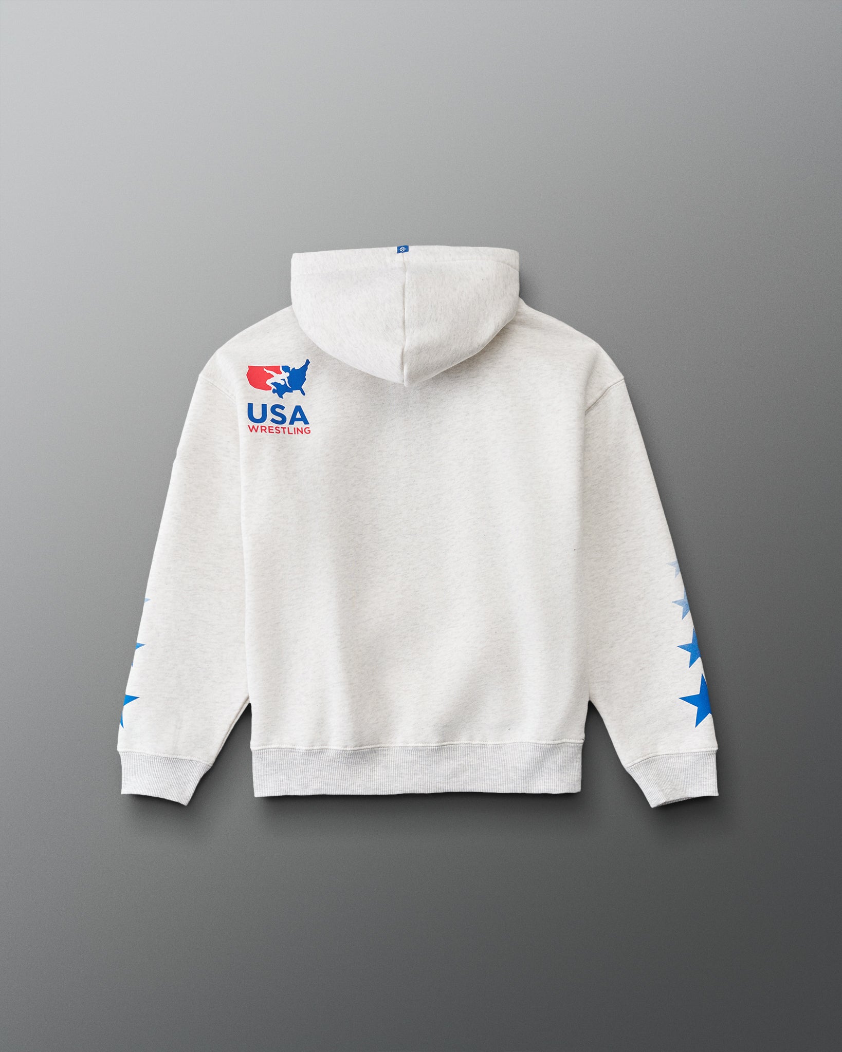 RUDIS USA Wrestling Star Youth Relaxed Comfort Fleece Hoodie in Heather Silver, back view featuring USA Wrestling logo, blue sleeve stars, and ribbed hem. Copy Alt Text