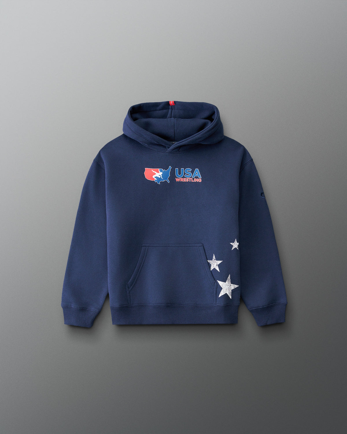 RUDIS USA Wrestling Script Youth Relaxed Comfort Fleece Hoodie in Navy, front view featuring USA Wrestling chest logo, white star graphics, and kangaroo pocket. Copy Alt Text