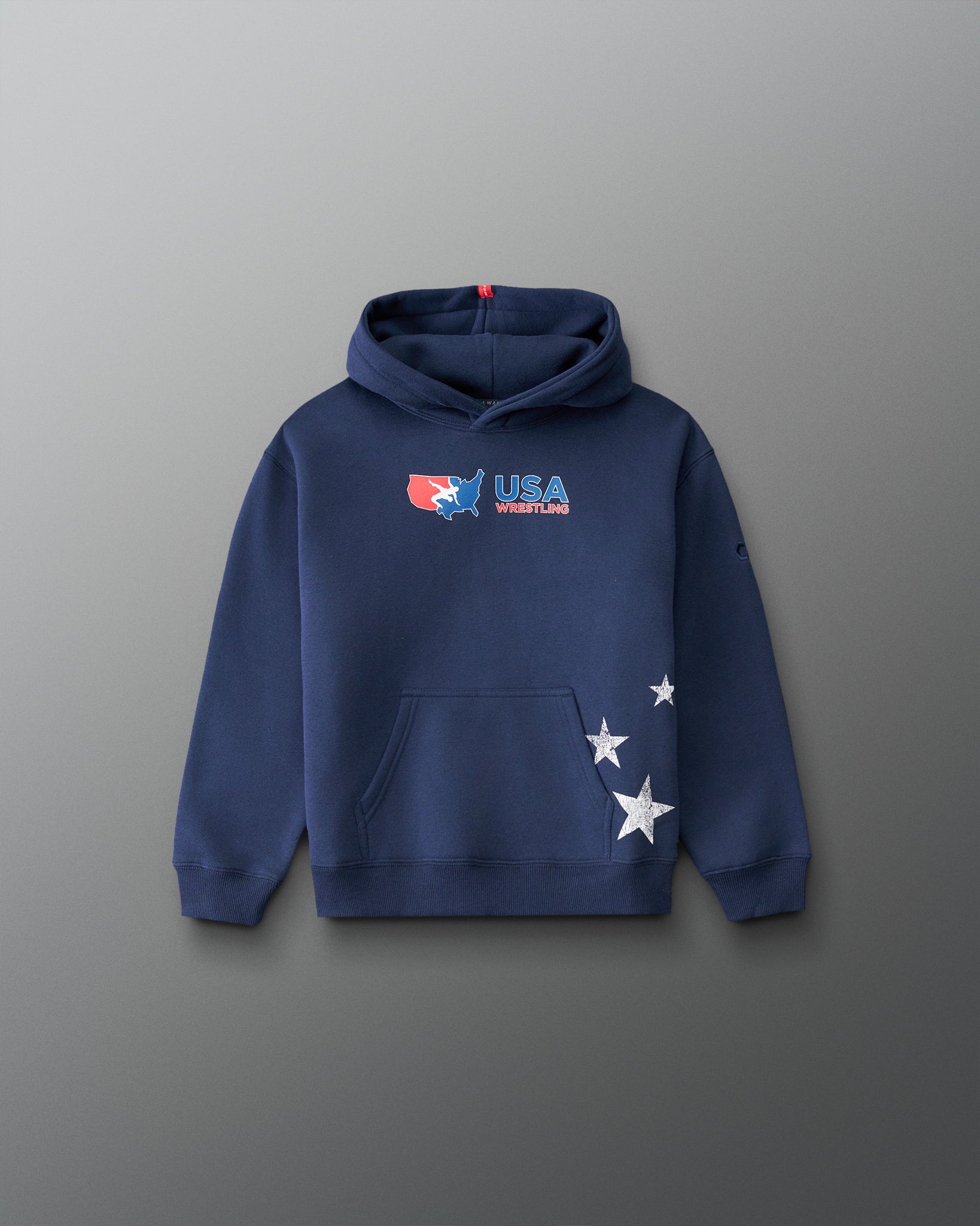 RUDIS USA Wrestling Script Youth Relaxed Comfort Fleece Hoodie in Navy, front view featuring USA Wrestling chest logo, white star graphics, and kangaroo pocket. Copy Alt Text