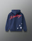 RUDIS USA Wrestling Script Youth Relaxed Comfort Fleece Hoodie in Navy, back view featuring bold red Wrestling script, distressed white stars, and ribbed hem. Copy Alt Text