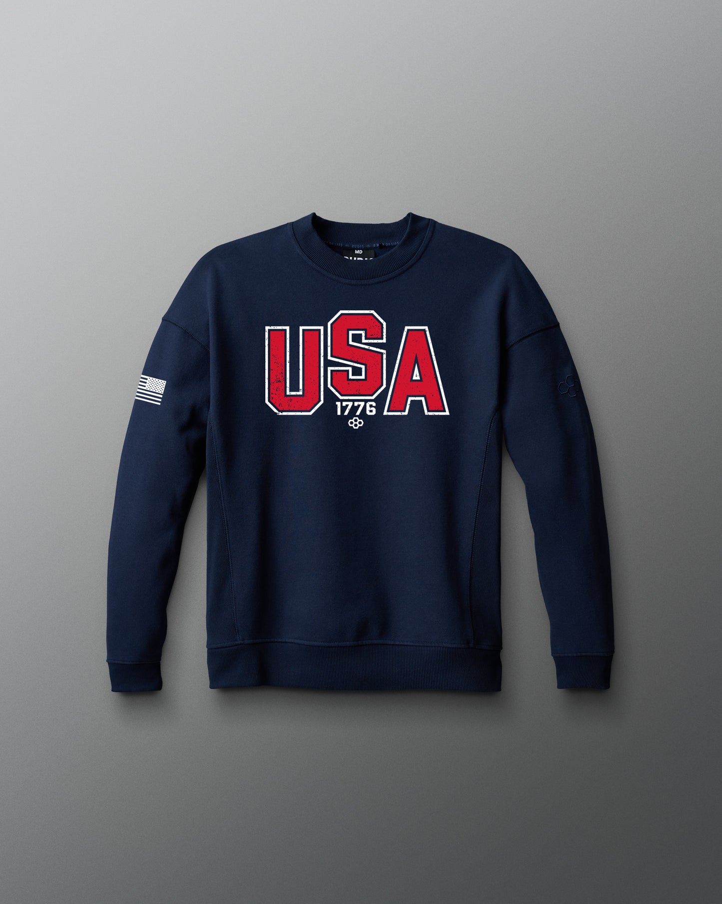 Navy blue sweatshirt with 'USA' text on a gray background