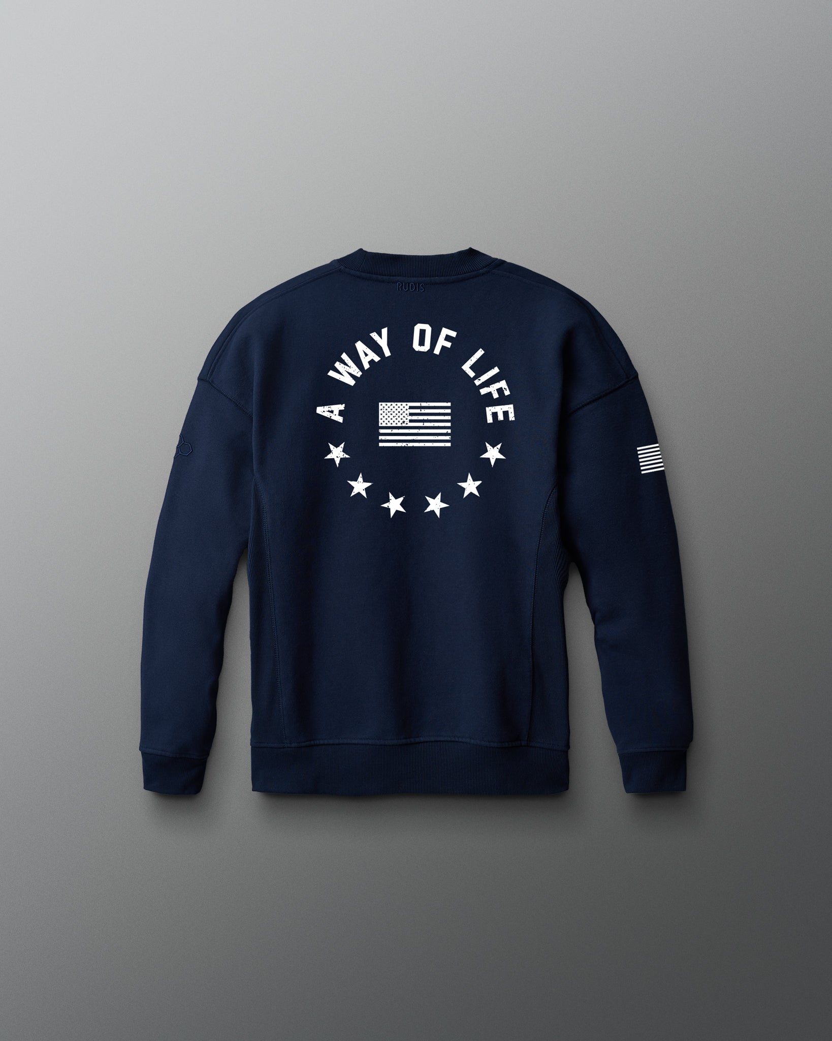 Navy blue sweatshirt with 'A Way of Life' text and flag design on a gray background