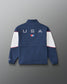 Back view of the RUDIS USA Wrestling Full Zip Movement Podium Jacket in navy, featuring large USA lettering, USA Wrestling logo, white sleeve panels, and red piping.