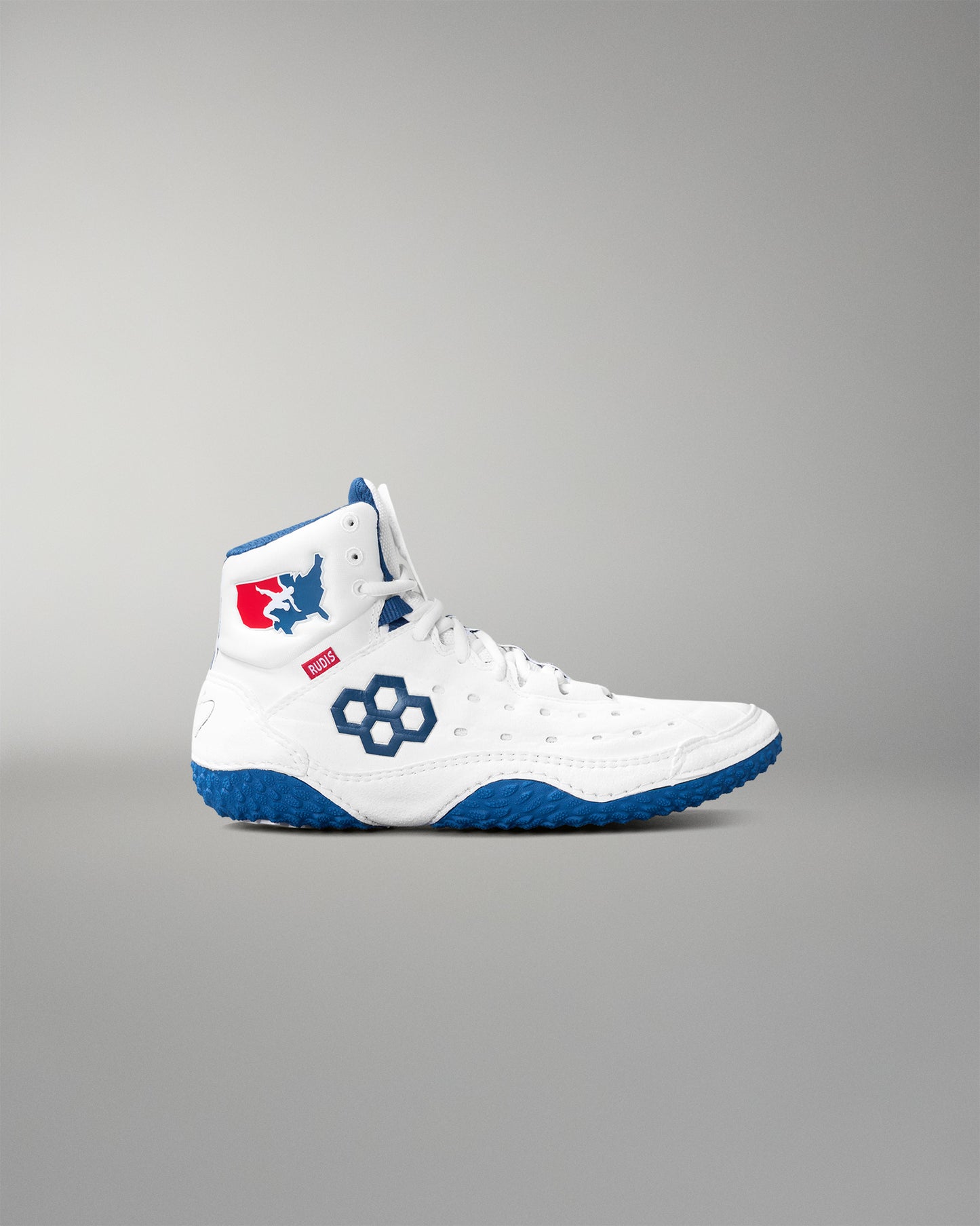 White wrestling shoe with blue accents on a gray background