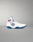 White wrestling shoe with blue accents on a gray background