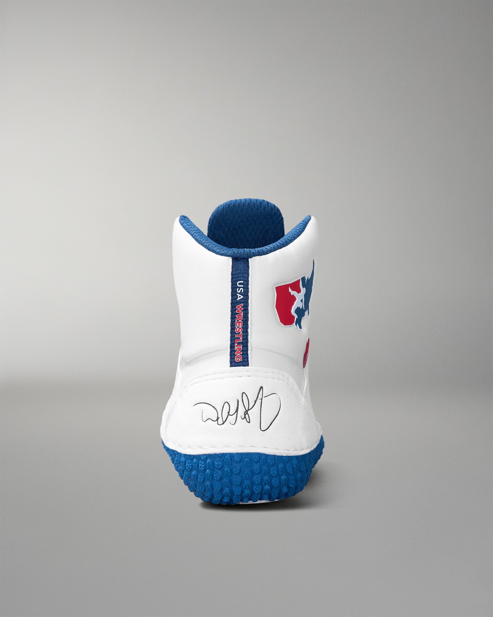 White and blue wrestling shoe with a logo on a gray background