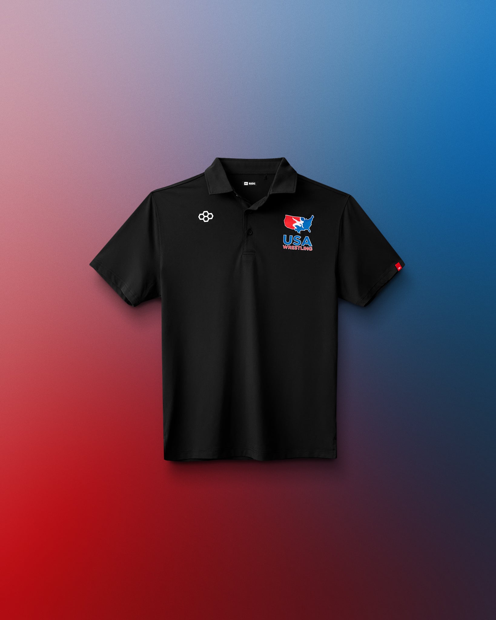 Black polo shirt with USA logo on a gradient background