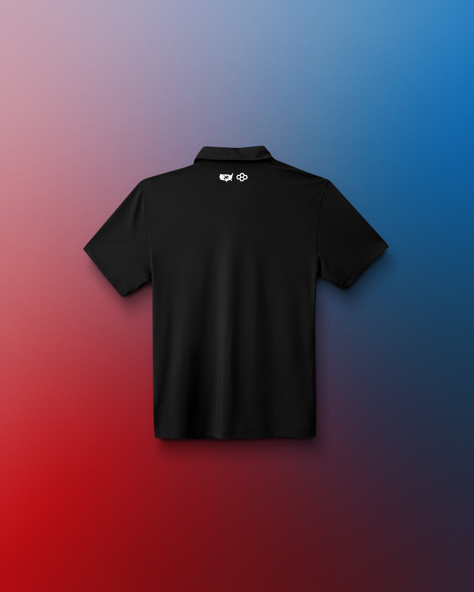 Black polo shirt with a logo on the back against a gradient background