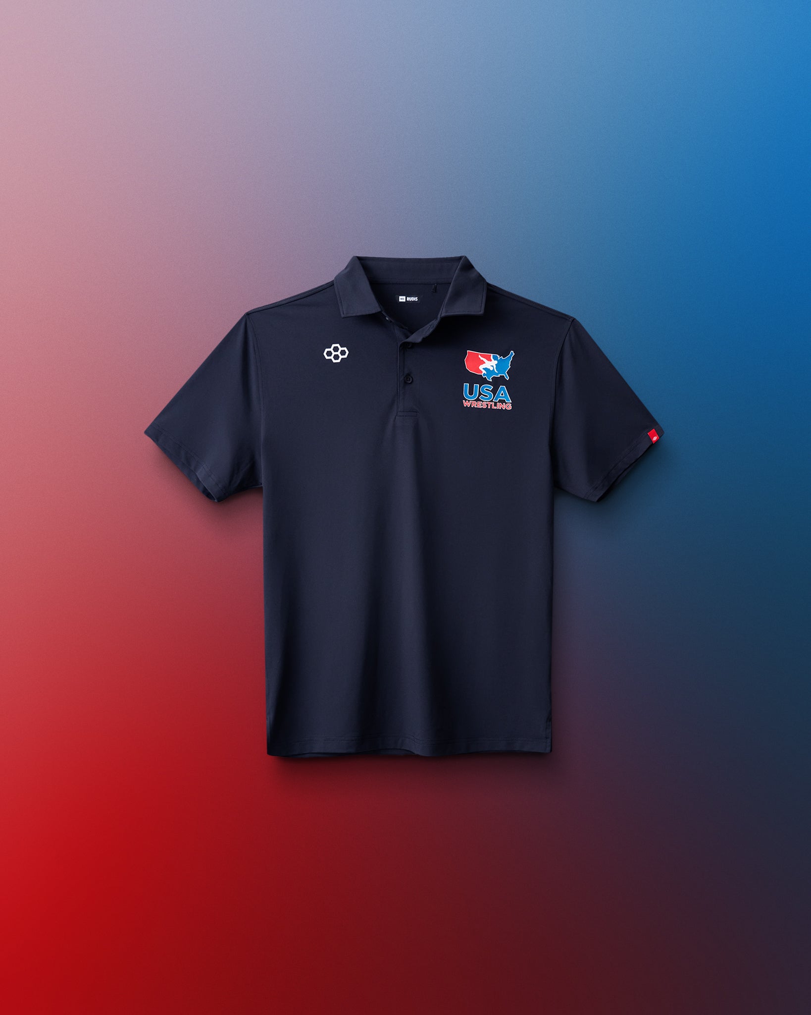 Black polo shirt with USA logo on a gradient red to blue background