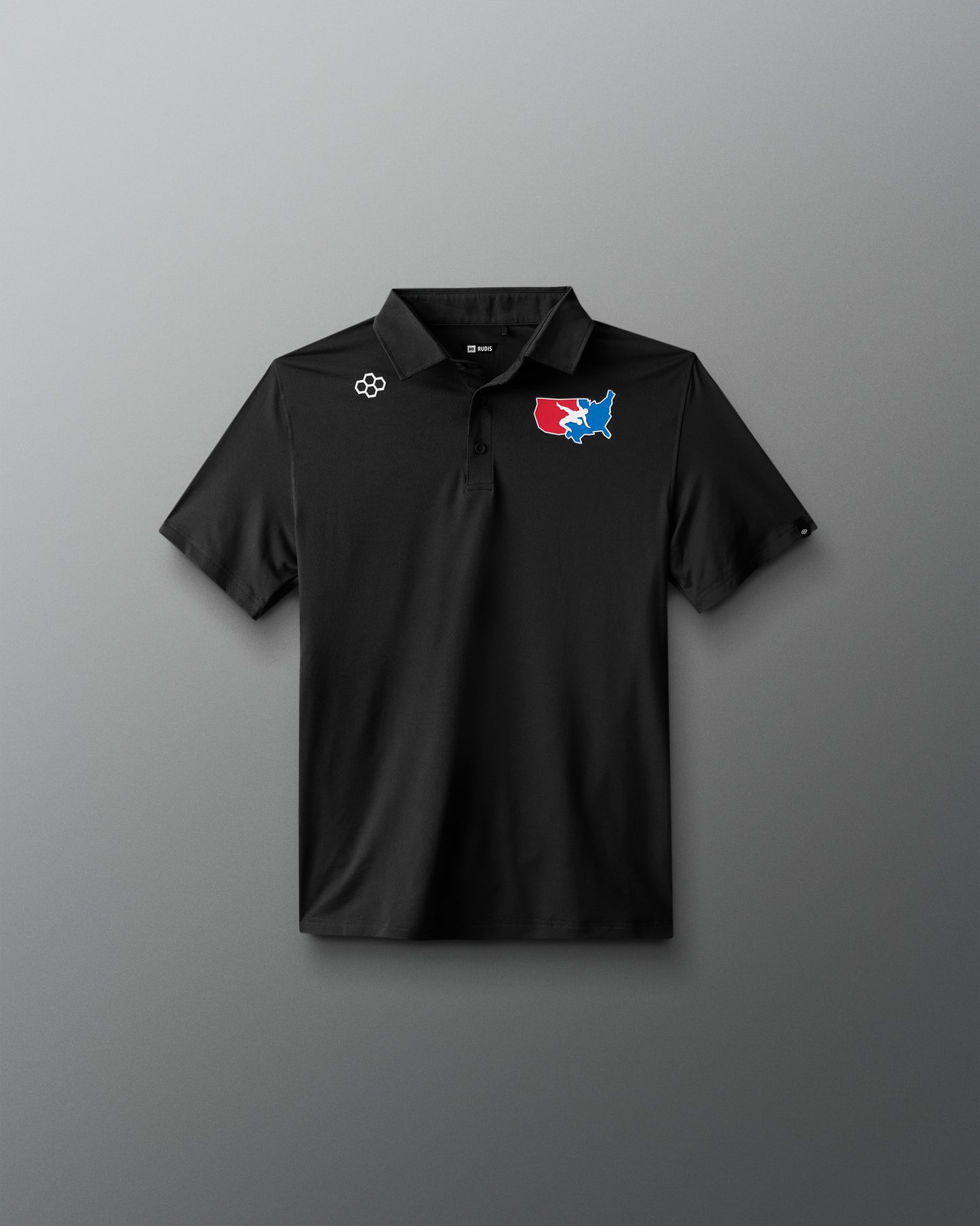 Black polo shirt with logos on a gray background