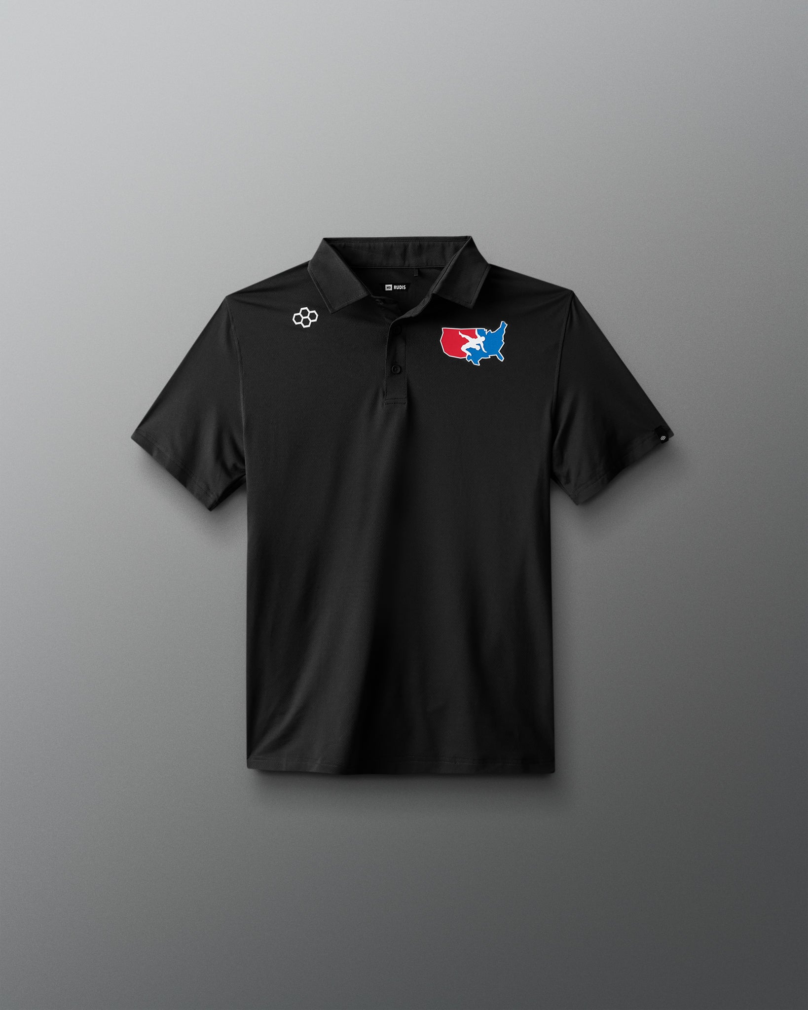 Black polo shirt with logos on a gray background