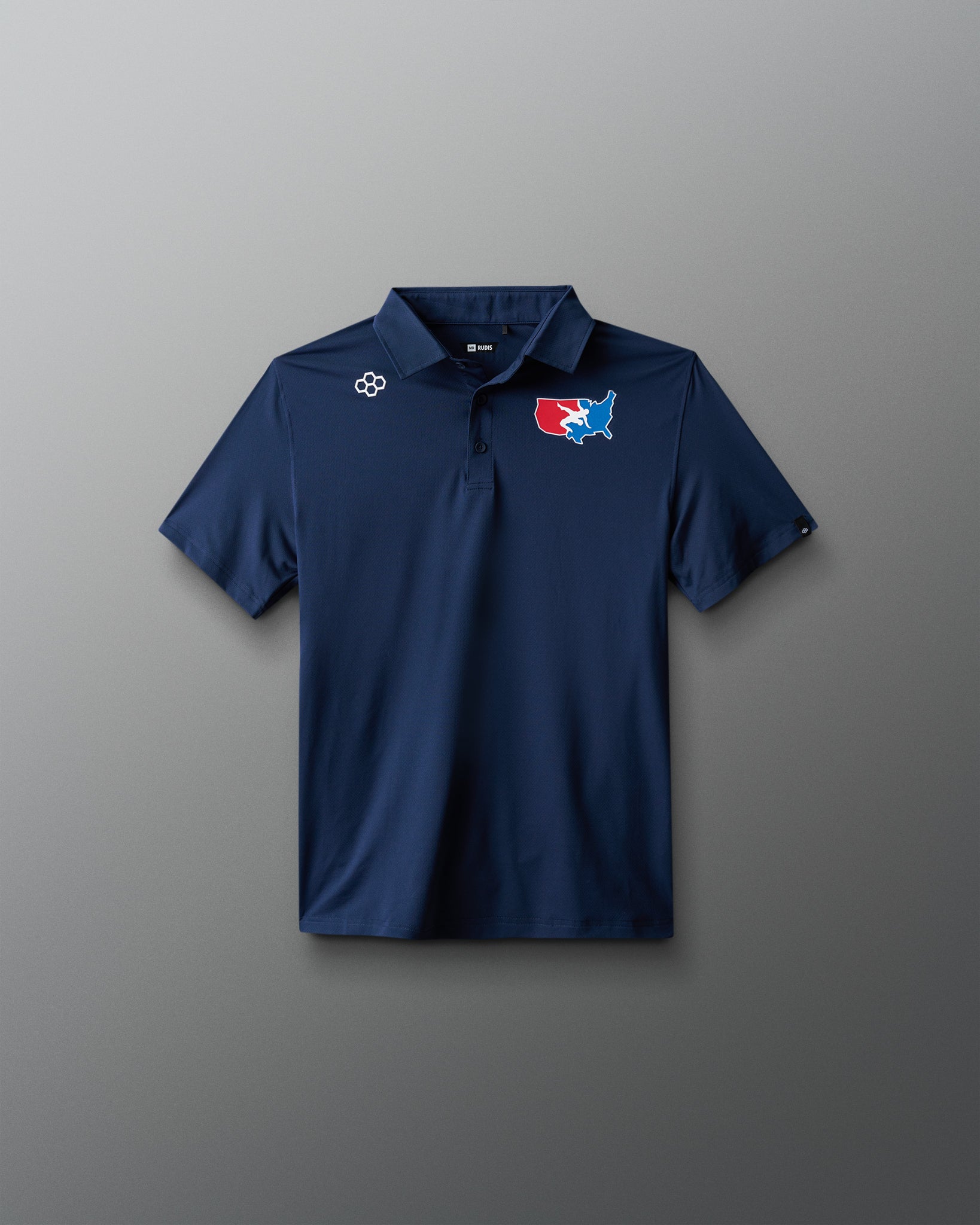 Blue polo shirt with logos on a gray background