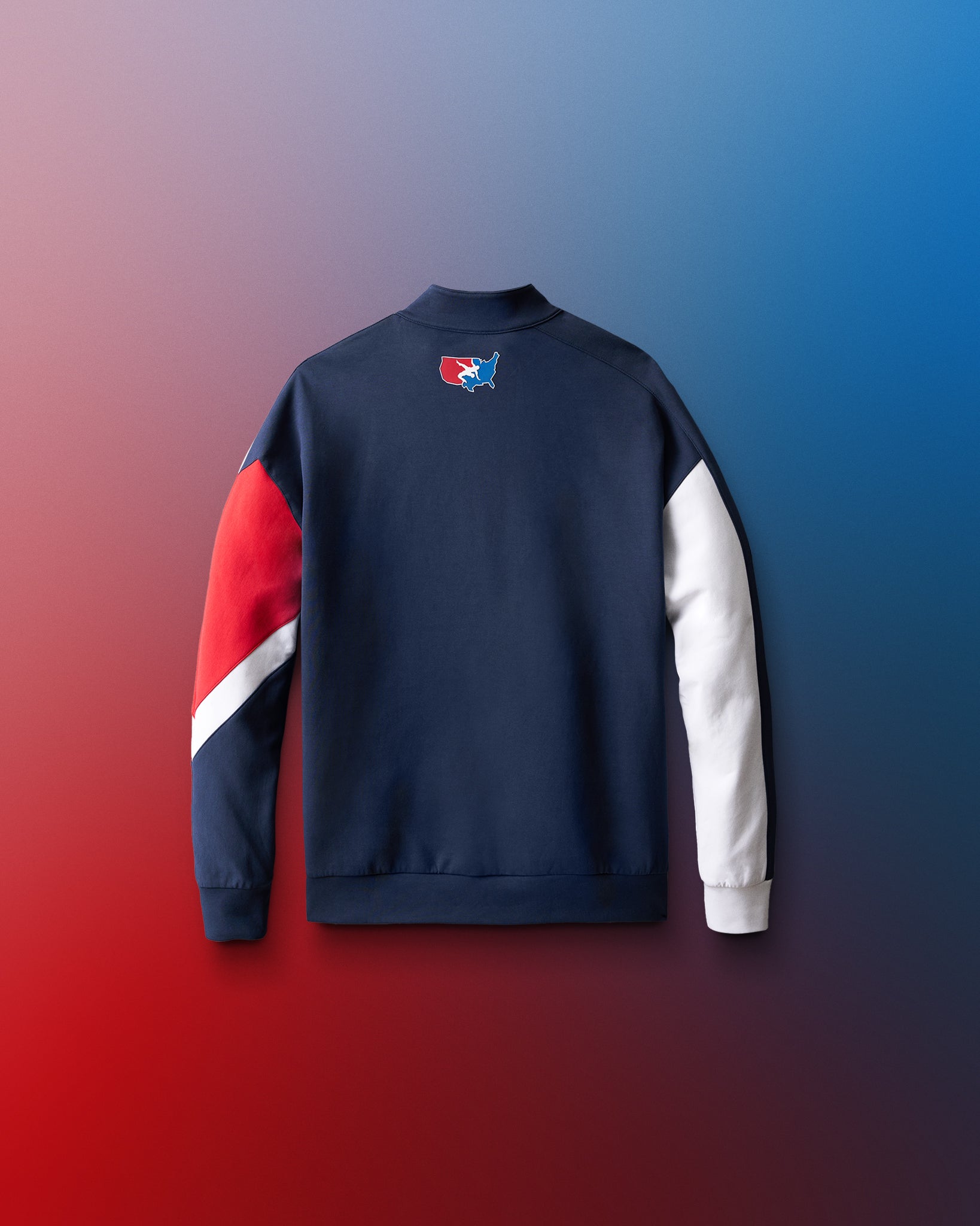 Sweatshirt with color-blocked sleeves on a gradient blue and red background with USA Wrestling logo 