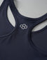 Navy blue sports bra with a logo on a light gray background