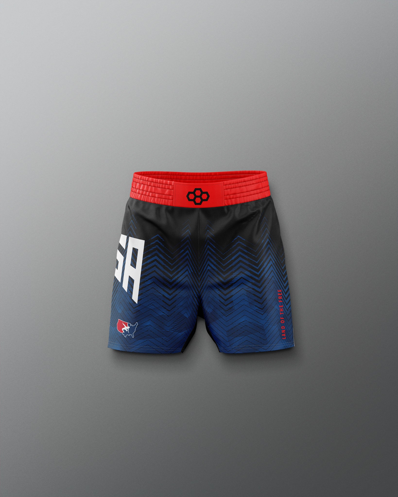 Blue athletic shorts with red waistband on a gradient blue and red background