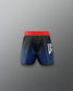 Black and blue athletic shorts with red waistband on a gray background