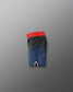 Black athletic shorts with red waistband on a gradient blue and red background