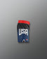 Black athletic shorts with 'USA' text on a gradient blue and red background