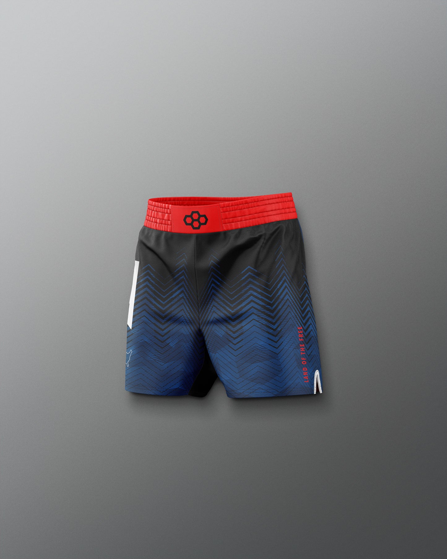 Blue athletic shorts with a red waistband on a gray background