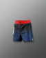 Blue athletic shorts with a red waistband on a gray background