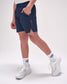 Person wearing navy shorts with a red logo, white socks, and white sneakers on a light gray background