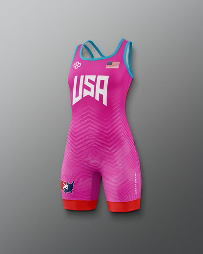 Pink and blue Freestyle Wrestling Singlet with 'USA' branding on a gray background
